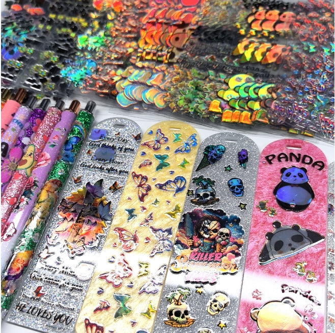 Wholesale Random Holographic Stickers 20/50/100pcs UV DTF Wraps Pen Sticker & Cartoon Random Styles Bookmark Stickers for Crafts Wraps